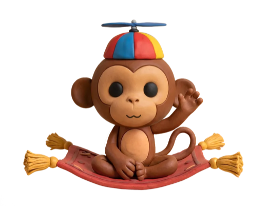 Mookee, the Meevee host, waving from a flying carpet