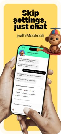 Meevee App Store screenshot: skip settings, just chat with Mookee